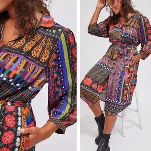 Anthropologie Farm Rio Ciela Midi Shirtdress Size S Colorful Mixed Pattern